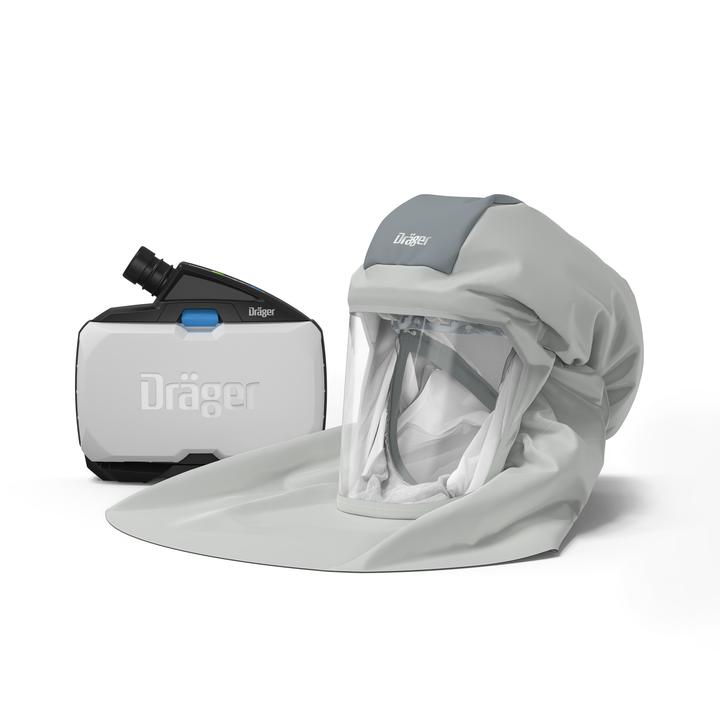 Dräger PSK Luftreinhaltesystem Produktbild eines Luftreinhaltesystems bestehend aus Maske und Filtereinheit.