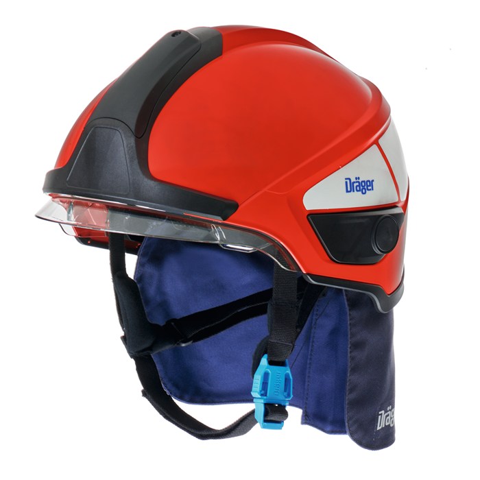 Roter Dräger Feuerwehrhelm mit Visier und Nackenschutz.