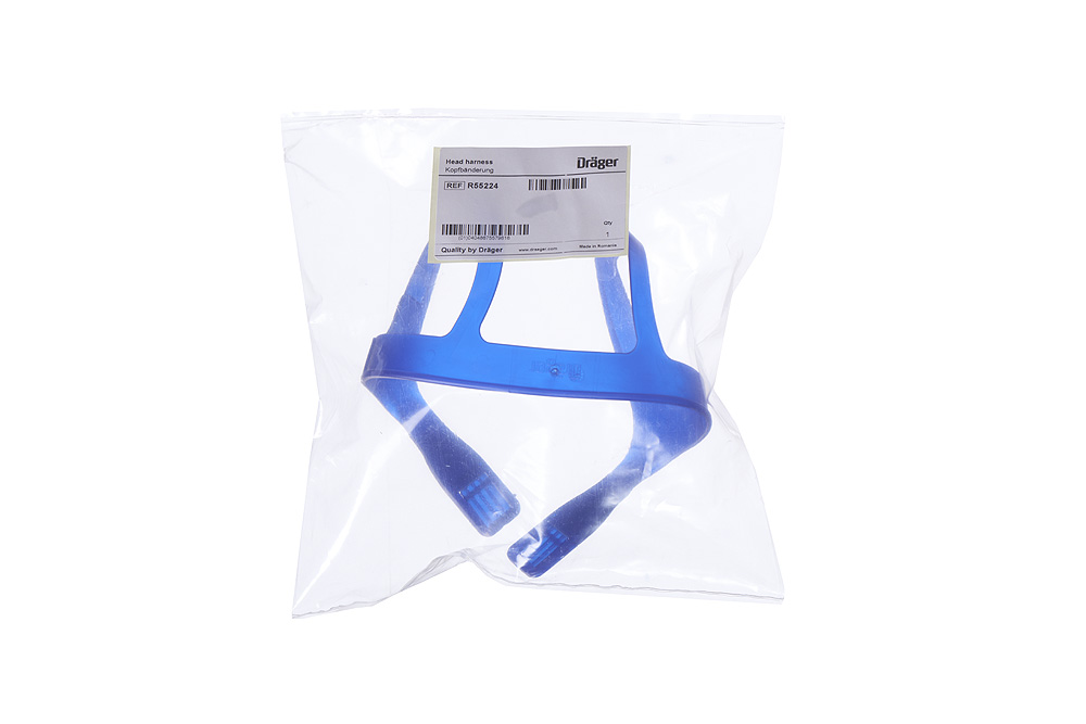 Blaues Kopfhalter-Set in Plastikverpackung mit Etikett.