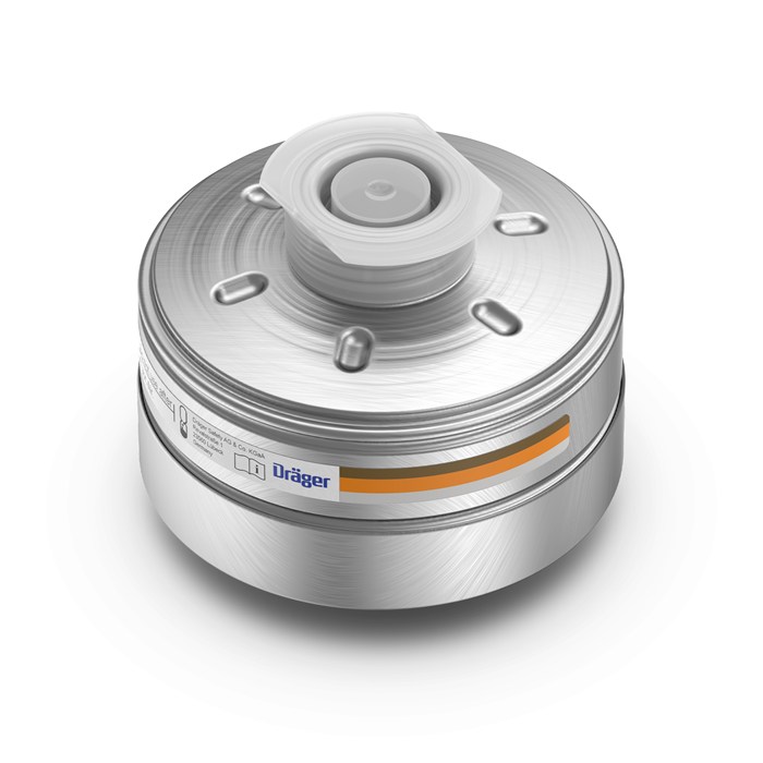 Dräger Rd40 Filter A2P3 für Nuklearschutz Runder Metallfilter mit Dräger-Logo und orangefarbenem Streifen.