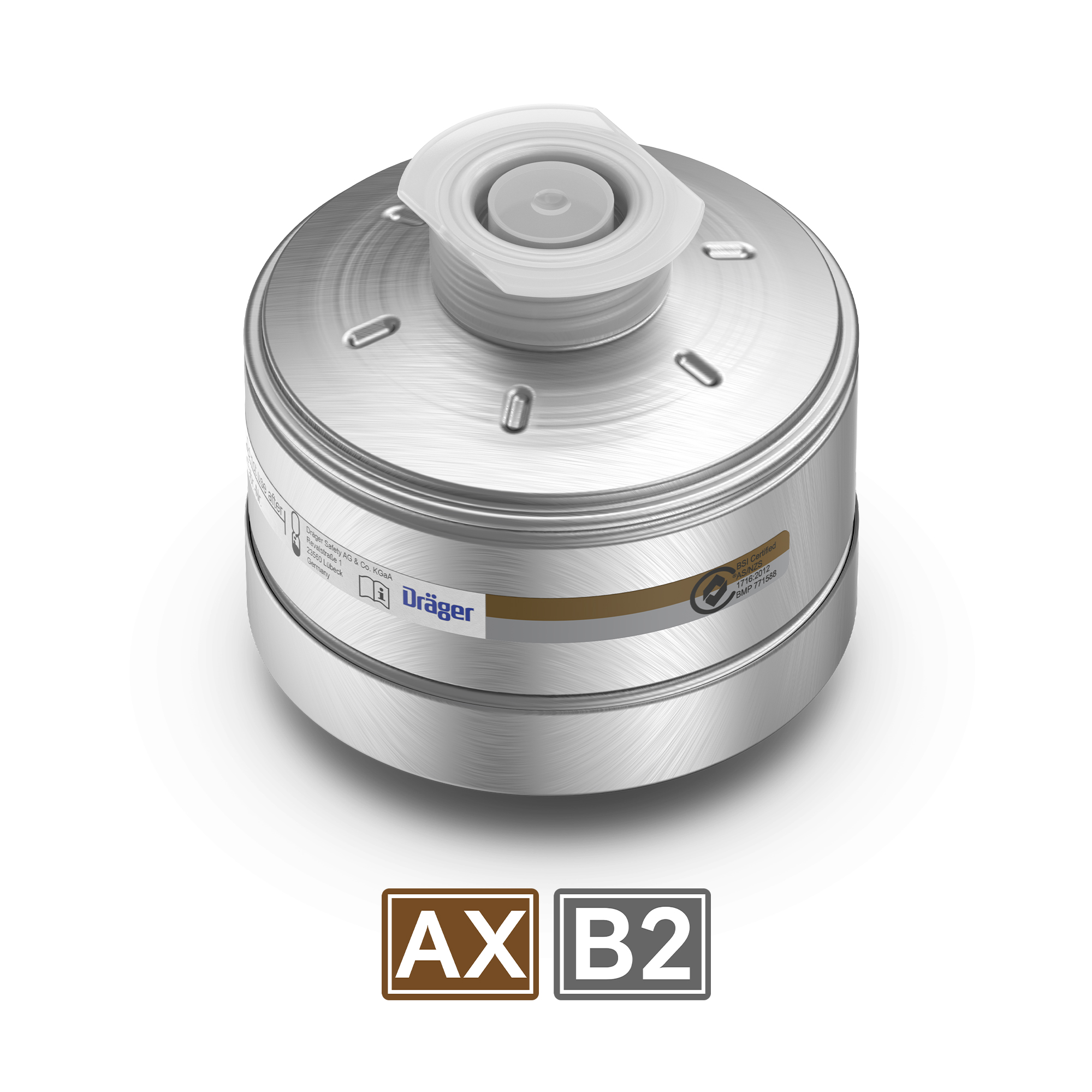 Runde Filterpatrone für Atemschutzgeräte, Modell AXB2 von Dräger.