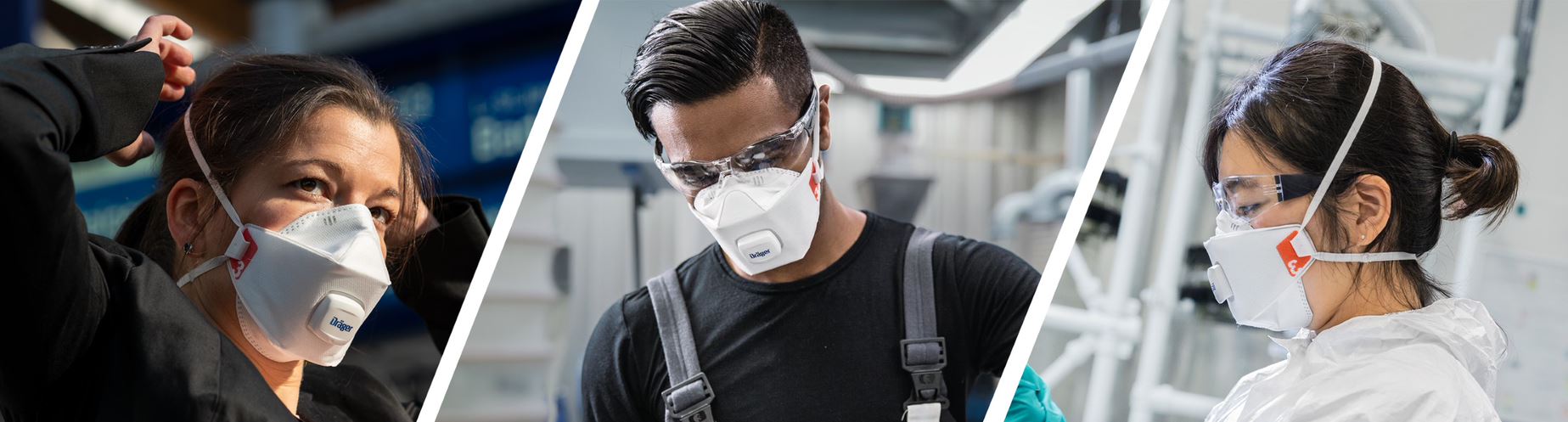 Atemschutz bei der Arbeit Personen tragen Atemschutzmasken zur Sicherheit am Arbeitsplatz.