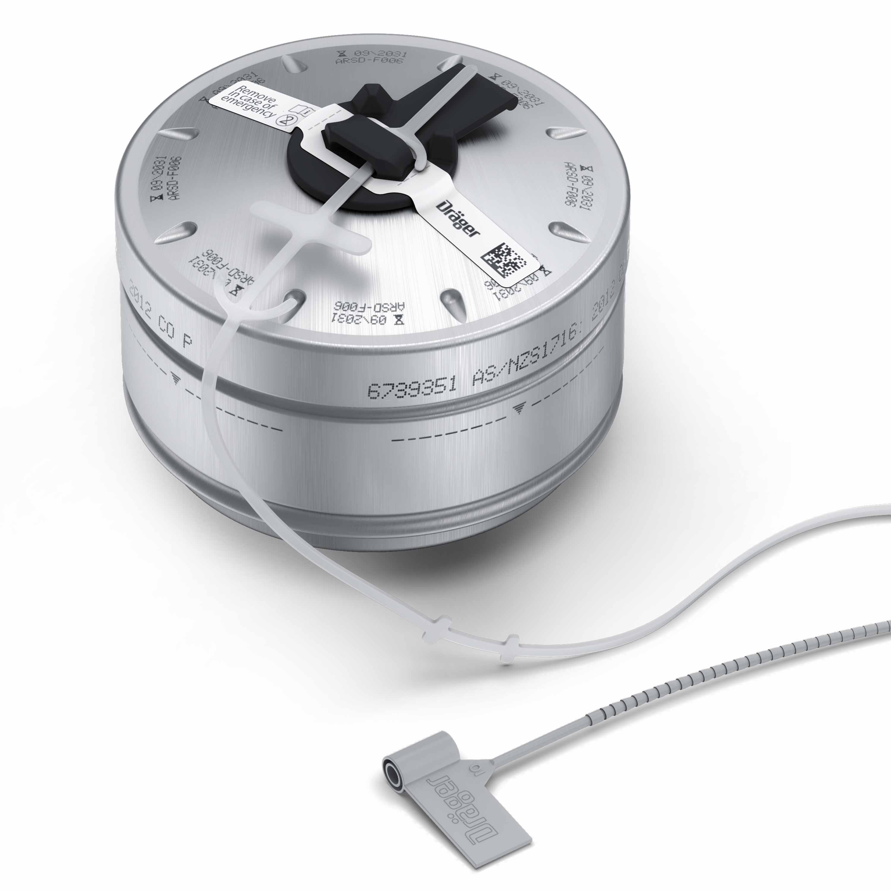 Dräger PARAT 5530 Atemschutzgerät Rundes Atemschutzgerät mit weißem Gehäuse und Kabel.