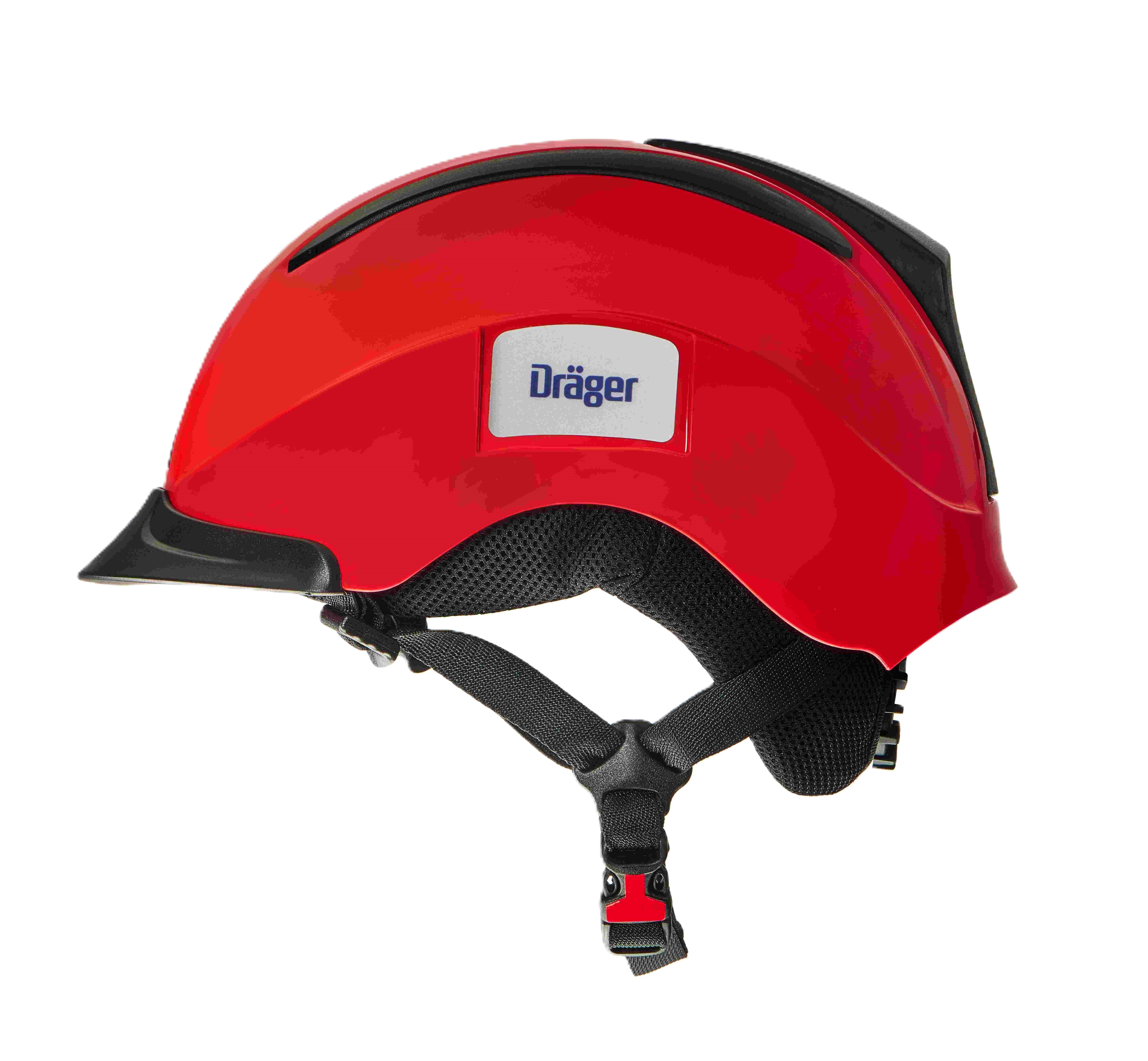 Roter Schutzhelm mit Dräger-Logo, schwarzem Kinnriemen und Belüftung.