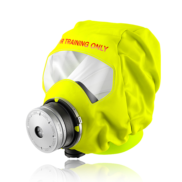 Gelbe Notfall-Trainingshaube von Dräger mit Atemfilter.