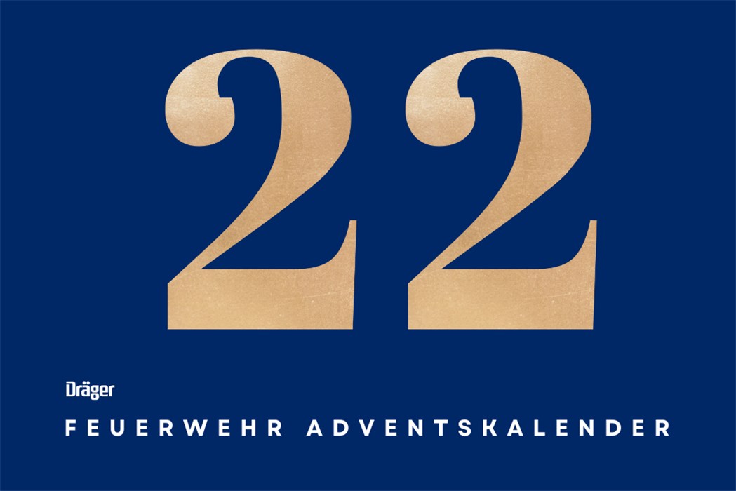 Dräger Feuerwehr Adventskalender Ein blaues Feld mit der goldenen Zahl 22 und dem Schriftzug "FEUERWEHR ADVENTSKALENDER".