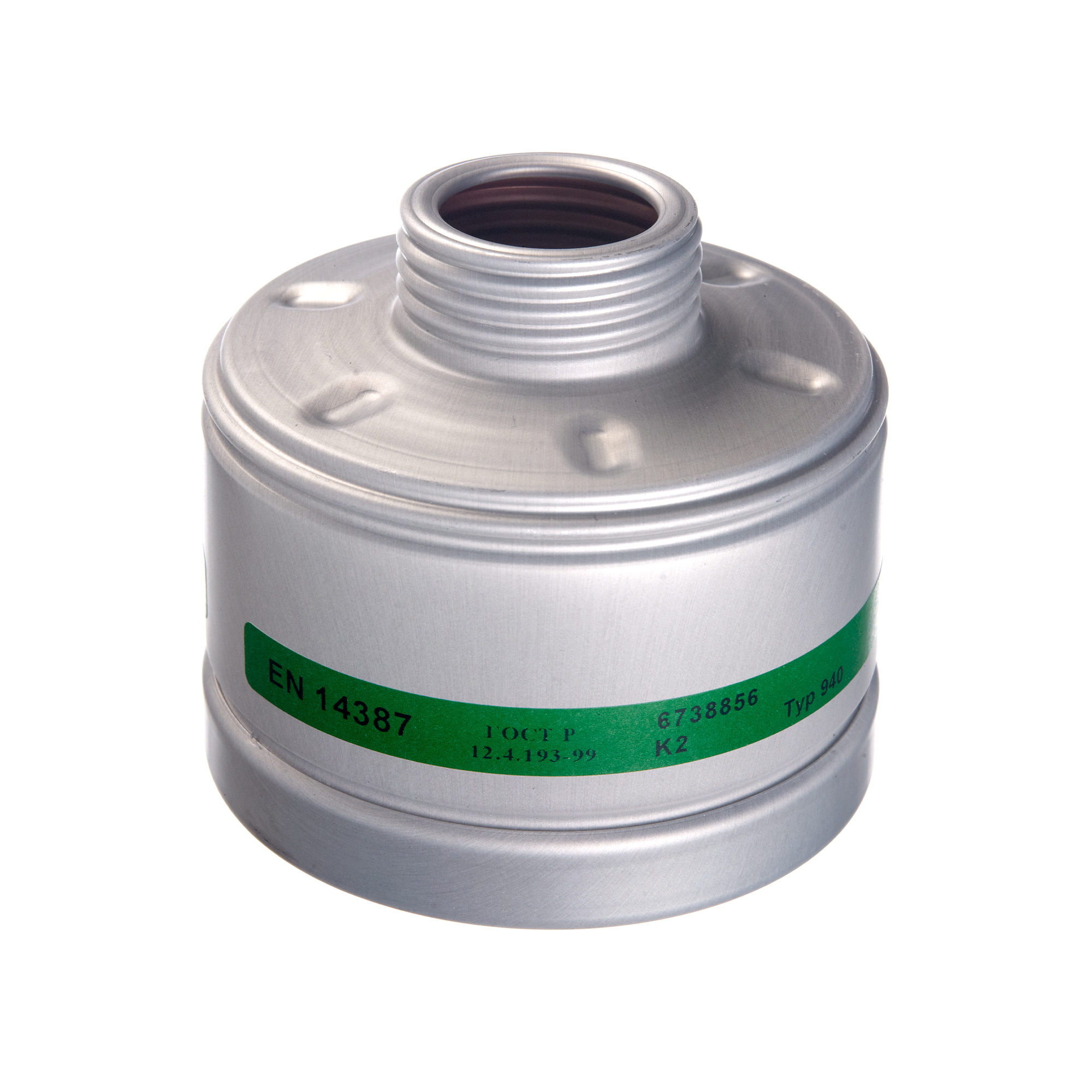 Rundes silbernes Filter mit grüner Beschriftung oben.
