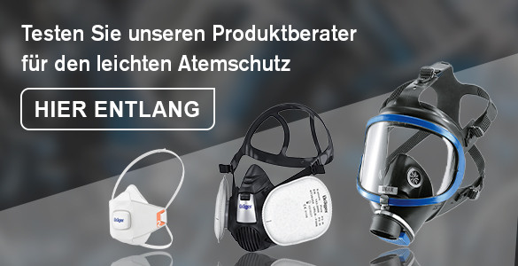 Produkte zur Atemschutzberatung Drei Atemschutzmasken: Halbmaske und Vollmaske, mit Text "Testen Sie unseren Produktberater für Atemschutz".