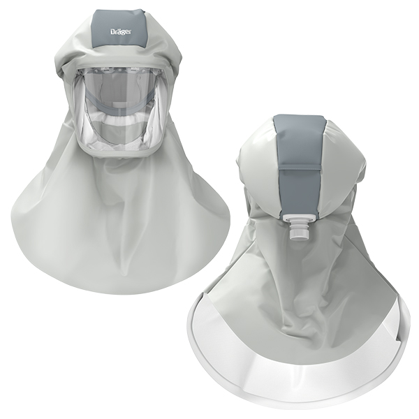 Dräger X-plore 8000 Premiumhaube lang S-M Zwei Ansichten einer langen Schutzhaube mit Visier der Marke Dräger, Vorder- und Rückseite.