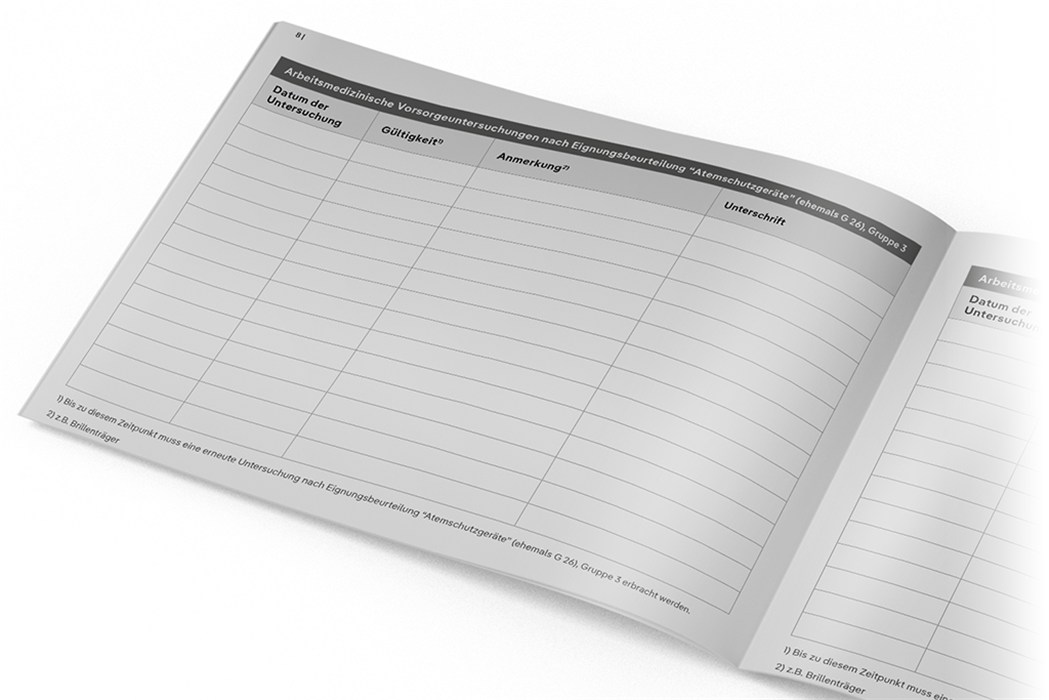 Atemschutzpass zur Dokumentation Geöffneter Atemschutzpass mit leeren Eintragungsseiten für Datum, Gerät und Bemerkungen.