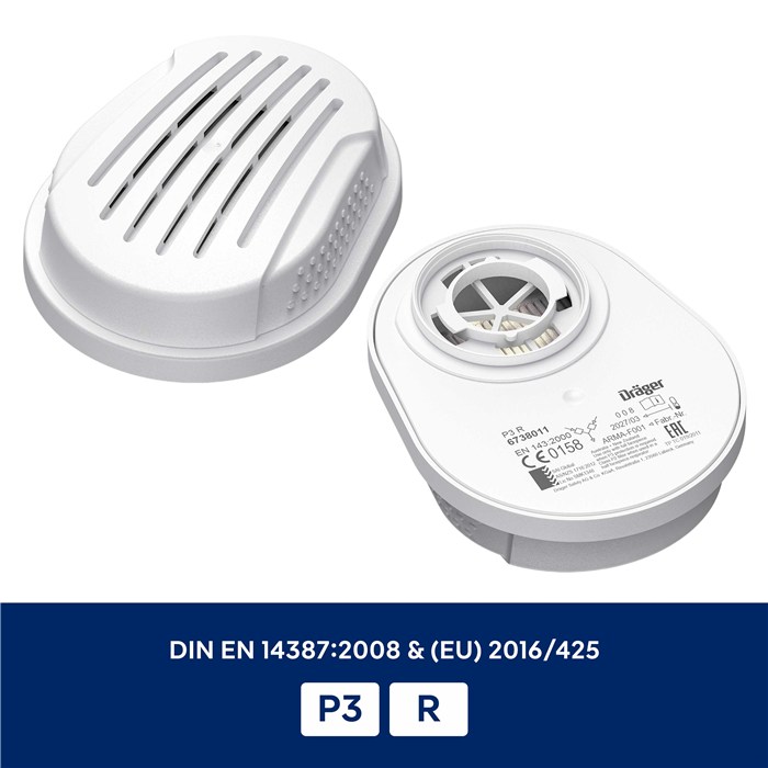 Dräger X-plore 3300 Halbmaske mit Filter P3 R Zwei weiße Filter für Atemmasken, einseitig geschlossen und einseitig mit Ventilen versehen.