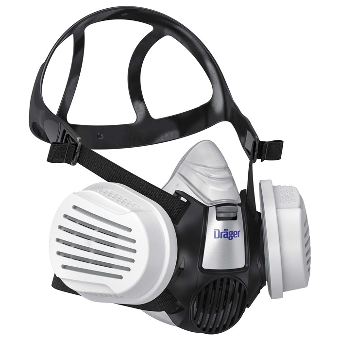 Dräger X-plore 3300 Halbmaske P3 R Schwarze Halbmaske mit weißen Filterkartuschen für Atemschutz.