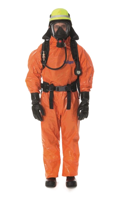 Schutzanzug für Gefahrstoffeinsatz Abgebildet ist ein orangener Ganzkörper-Schutzanzug mit Atemausrüstung von Dräger.