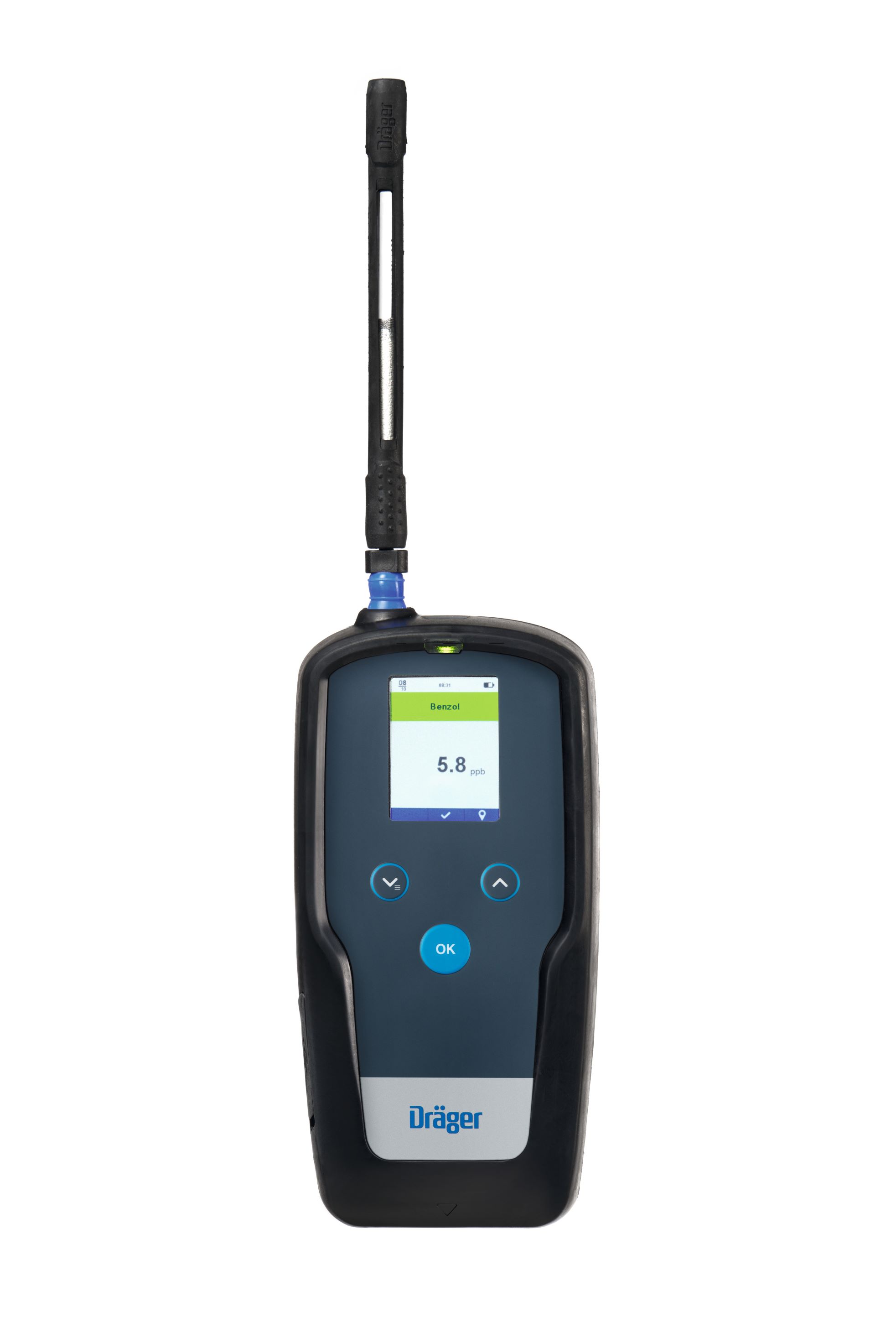 Tragbares Gasmessgerät mit Display und Sensor oben.