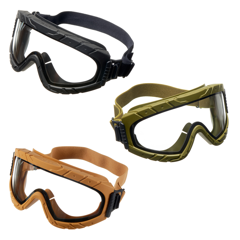 Schutzbrille Xpect 4900 in Oliv Drei Schutzbrillen in schwarz, oliv und braun mit breiten Bändern und ergonomischem Design.