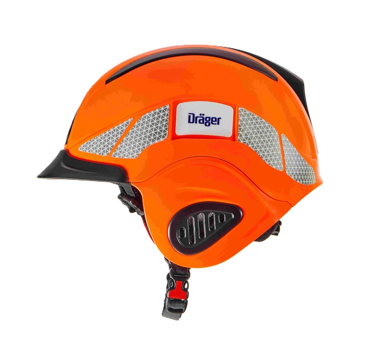 Leuchtend orangefarbener Schutzhelm mit Dräger-Logo.