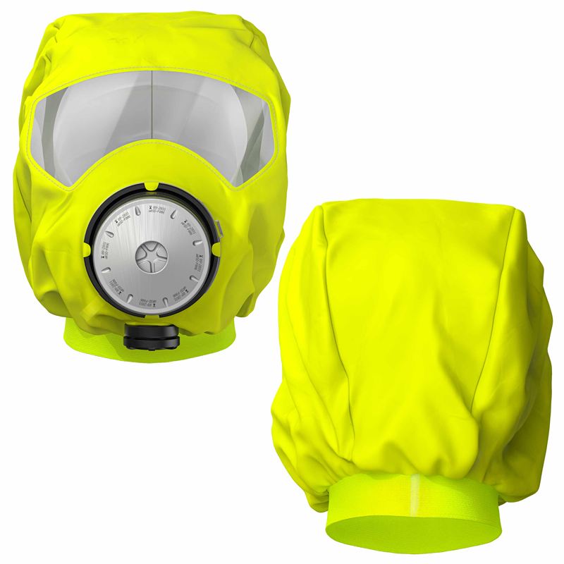 Notfall-Fluchthaube Dräger PARAT 5510 Zwei Ansichten einer gelben Fluchthaube mit Atemfilter und Sichtfenster.