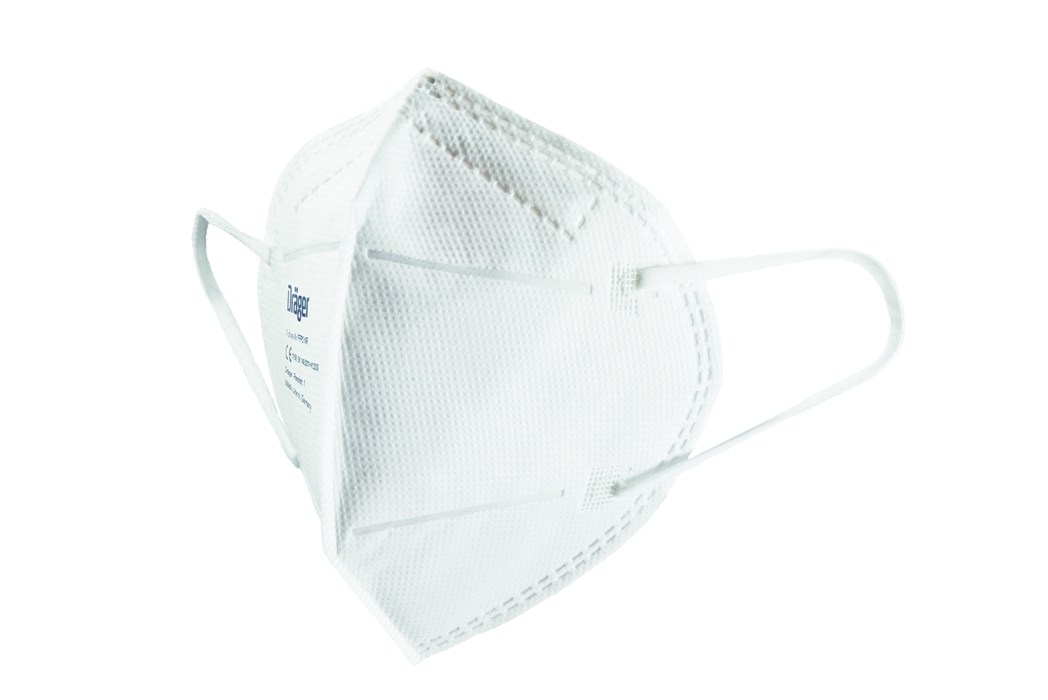 Dräger X-plore Atemschutzmaske rechts Weiße Atemschutzmaske mit elastischen Bändern, seitlich.