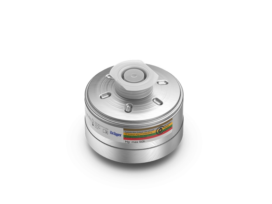 Dräger Kombinationsfilter D-2250-2024 Ein zylindrisches Dräger Filter mit Barcode und farbigen Streifen.