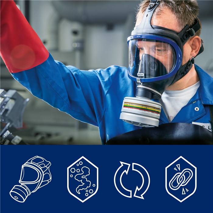 Rd40 Filter für Atemschutzmasken Mann mit Atemmaske und Rd40 Filter in einer Arbeitsumgebung.
