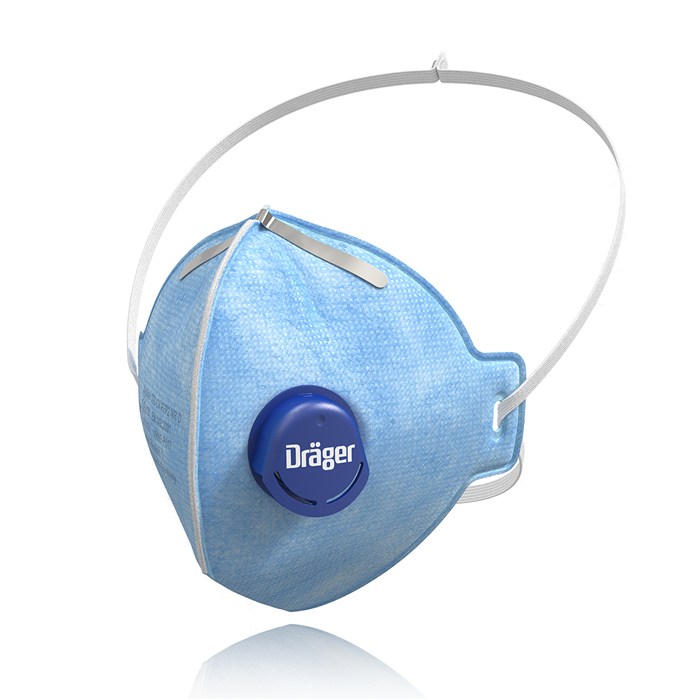 Dräger Atemschutzmaske FFP2 Blaue FFP2 Atemschutzmaske mit weißem Halteband und Ventil.