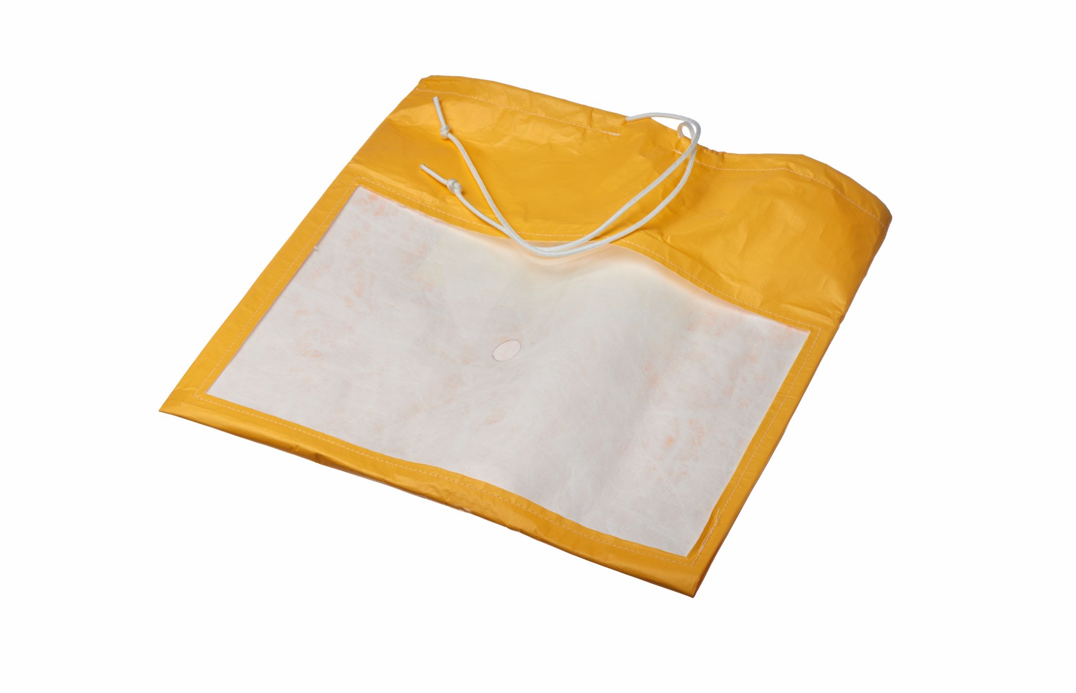 Gelbe Tasche mit Kordelverschluss, Teil eines Fit-Test Kits.