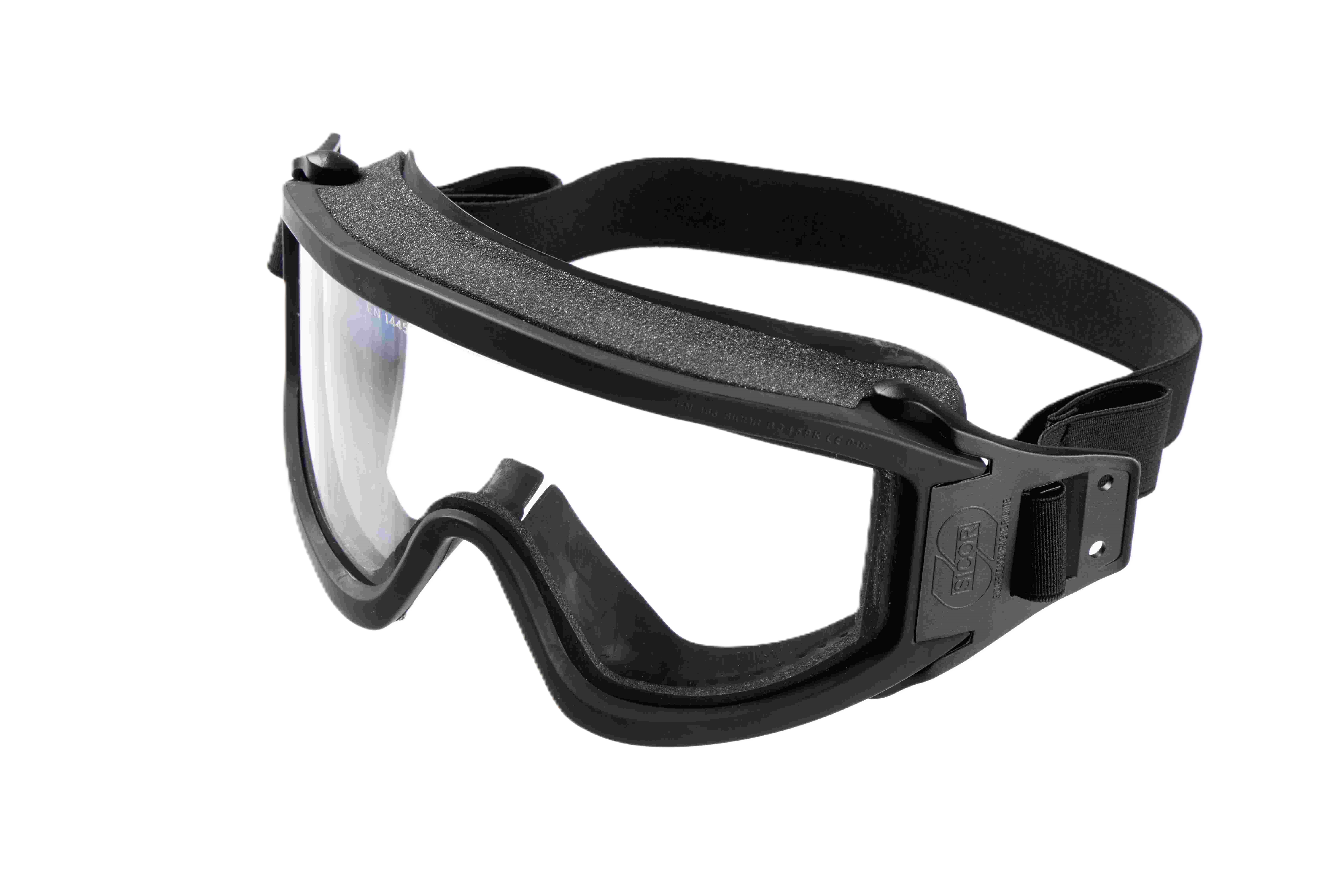 Schwarze Schutzbrille mit verstellbarem Band und klarem Visier.