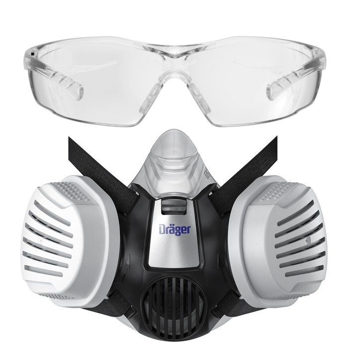 Dräger Halbmaske mit Filtern und durchsichtiger Schutzbrille.