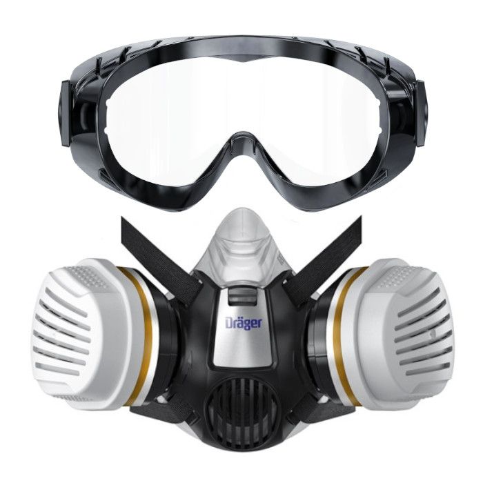 Dräger Atemschutzmaske X-plore 3300 und Schutzbrille X-pect 4800 frontalansicht.