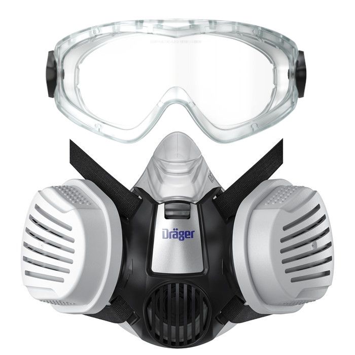 Dräger Halbmaske mit Filtern und durchsichtiger Schutzbrille.